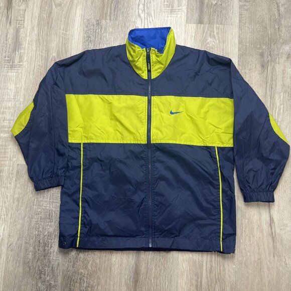 VINTAGE Nike Windbreaker Jacket Youth‎ L 14-16 Blue Green Full Zip Red Swoosh - Picture 1 of 12